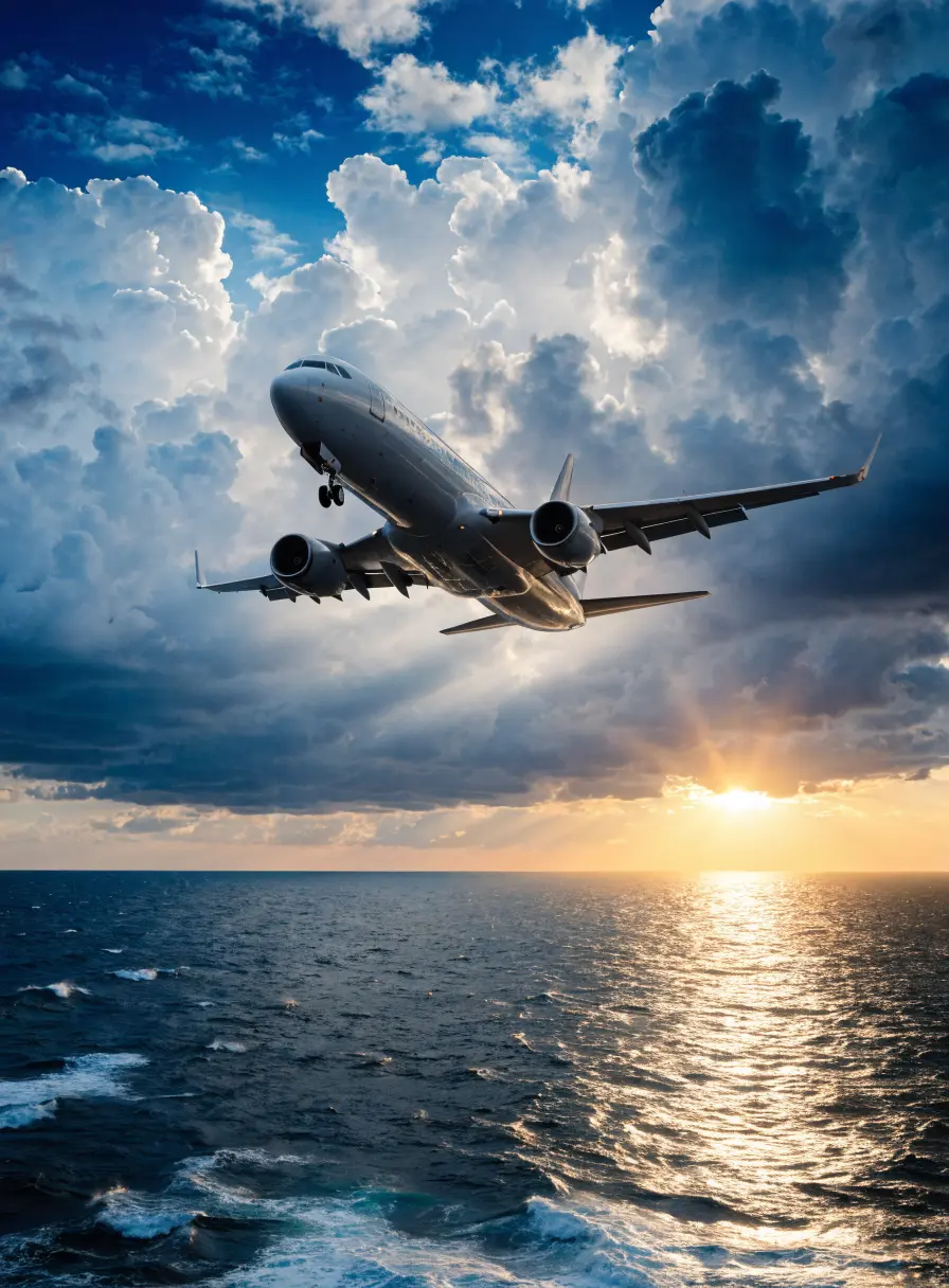 Avião sobre o oceano ao pôr do sol