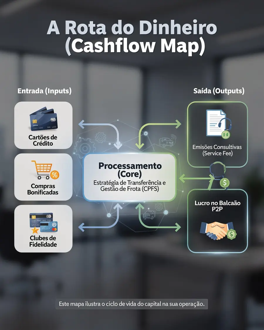 Mapa visual da rota do dinheiro com cartões, milhas e saídas
